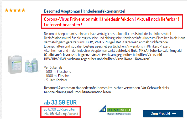 Händedesinfektionsmittel Corona Online Shop