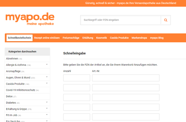 Schnellbestellung Versandapotheke myapo