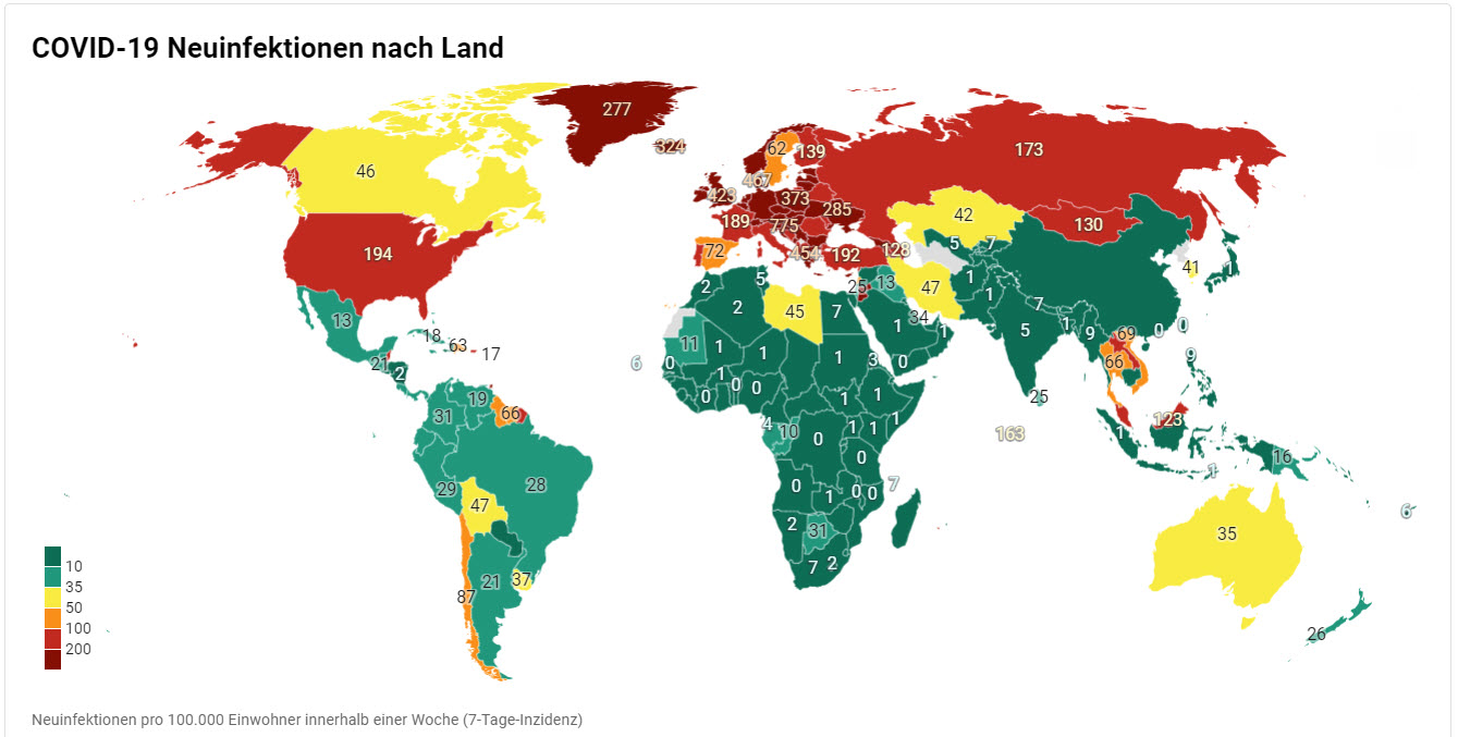Corona Inzidenz der Neuinfektionen weltweit in Relation zur Einwohnerzahl